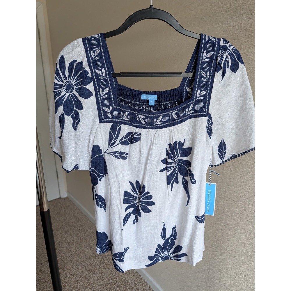 Draper James Navy White Floral Embroidered Square Neck Puff Sleeve Blouse NWT
